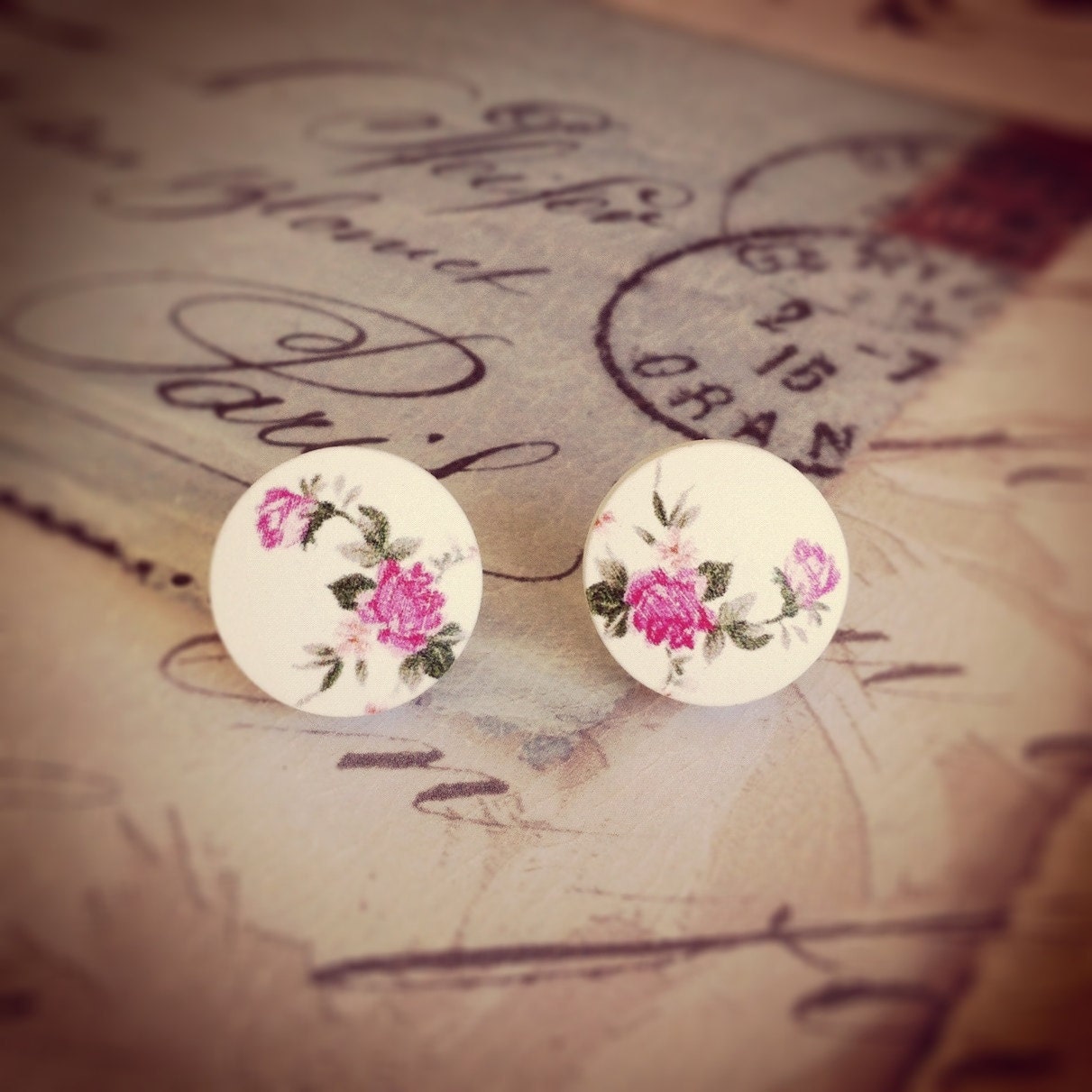 Pink Floral Painted Wood Button Earrings