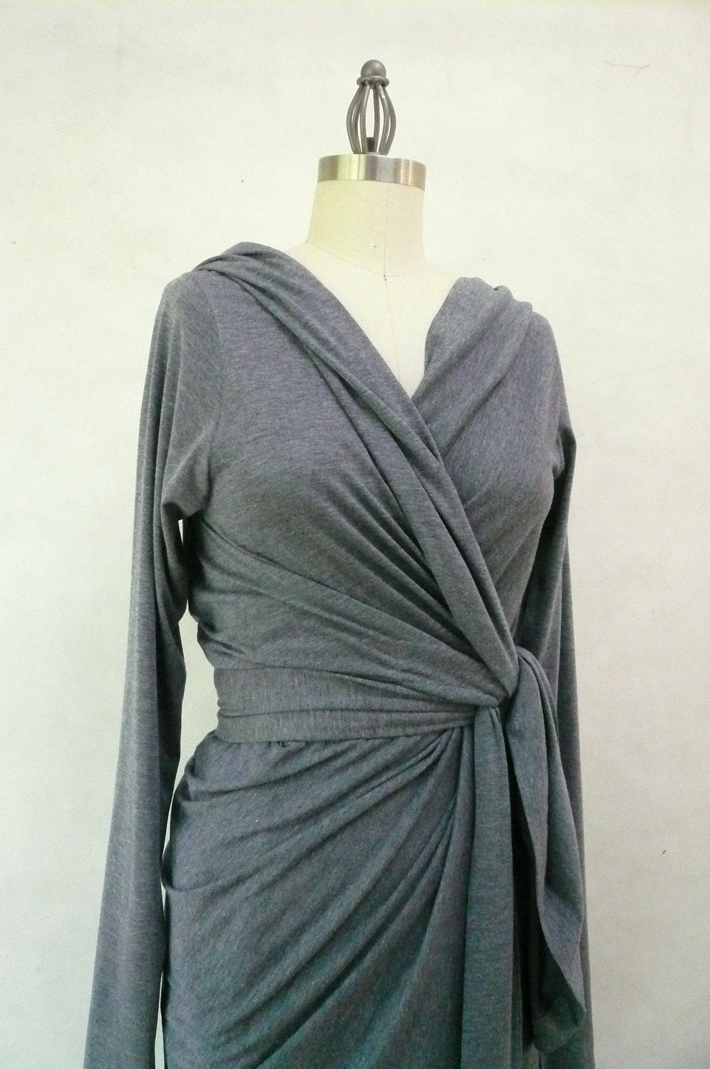 Slate Blue Gray Maria Severyna Jersey hooded long sleeve Wrap dress
