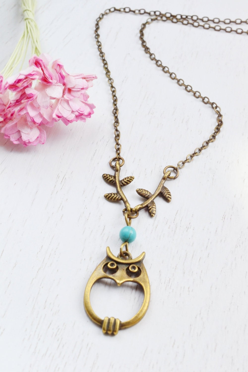 Owl Necklace, Owl Jewelry Necklace,Owl Charm Necklace, Turquoise Necklace. Antique Brass Necklace