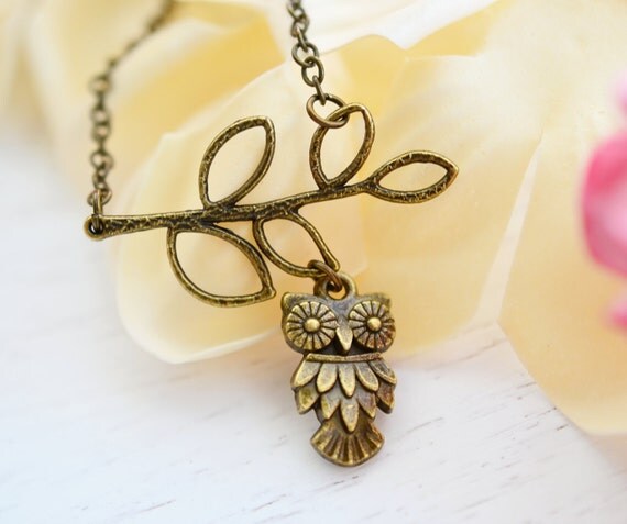 Owl Necklace, Branch Necklace, Tree Branch, Owl Jewelry Necklace, Leaf Pendant, Owl Charm NecklaceOwl Necklace, Branch Necklace, Tree Branch