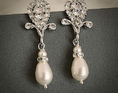ERIN, Crystal and Pearl Bridal Earrings, Rhinestone Wedding Earrings, Silver Bridal Crystal Earrings, Wedding Jewelry, Art Deco Drop Studs