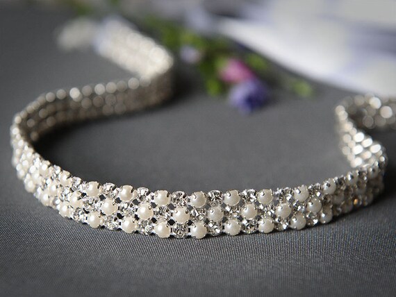 RUBY - Grecian Bridal Wedding Headband, Single Rhinestone and Pearl Silk Ribbon Bridal Headband, Vintage Inspired Wedding Hair Accessories