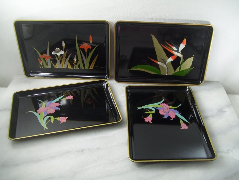 Set Otagiri Japan 4 Lacquer Trays Exotic Flowers by PatziPlace