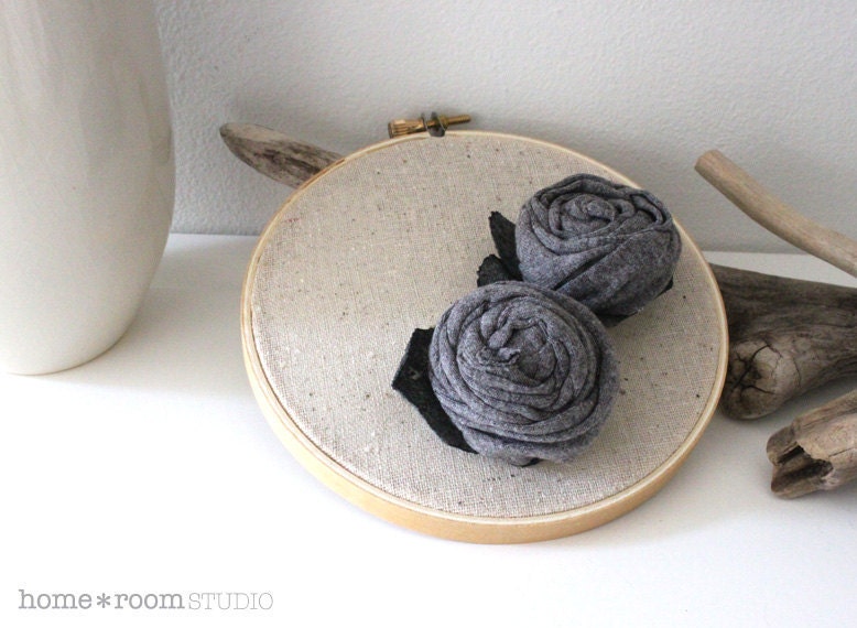 Embroidery Hoop Art - Fabric Flower Pins - Pewter Jersey Roses, Wall Hanging and Wearable Accessory - 5in Hoop