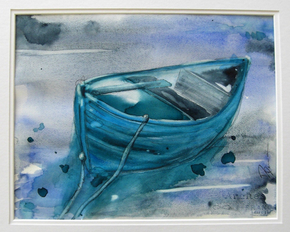 Blue Boat Watercolor Painting Original Nautical Art