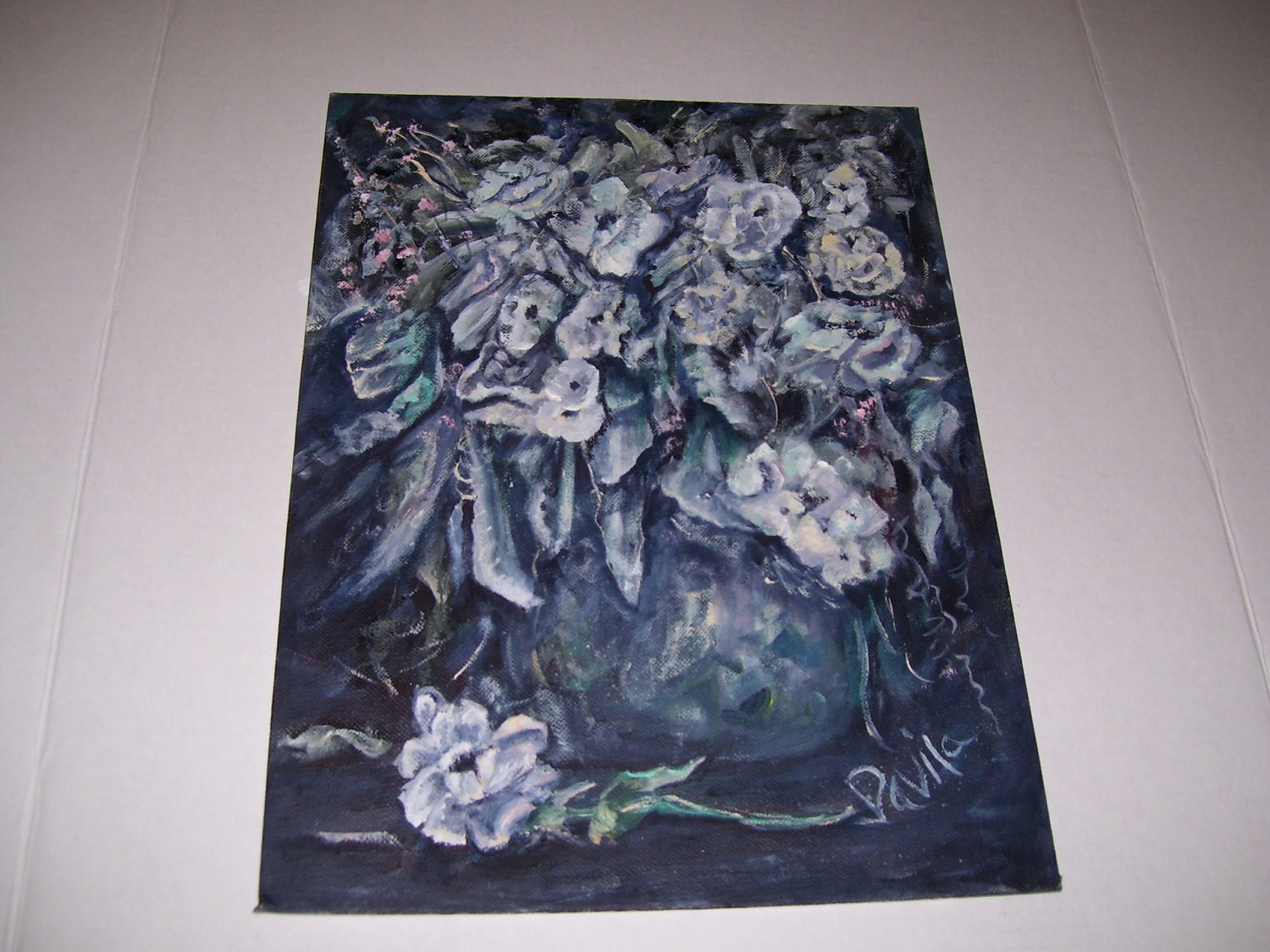 Original gray tone with touch of pink floral oil painting on a 12x16 canvas, signed by artist