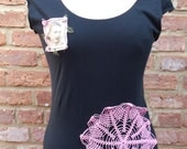 Black T-shirt with vintage photo,crochet doily,floral buds on sleeve