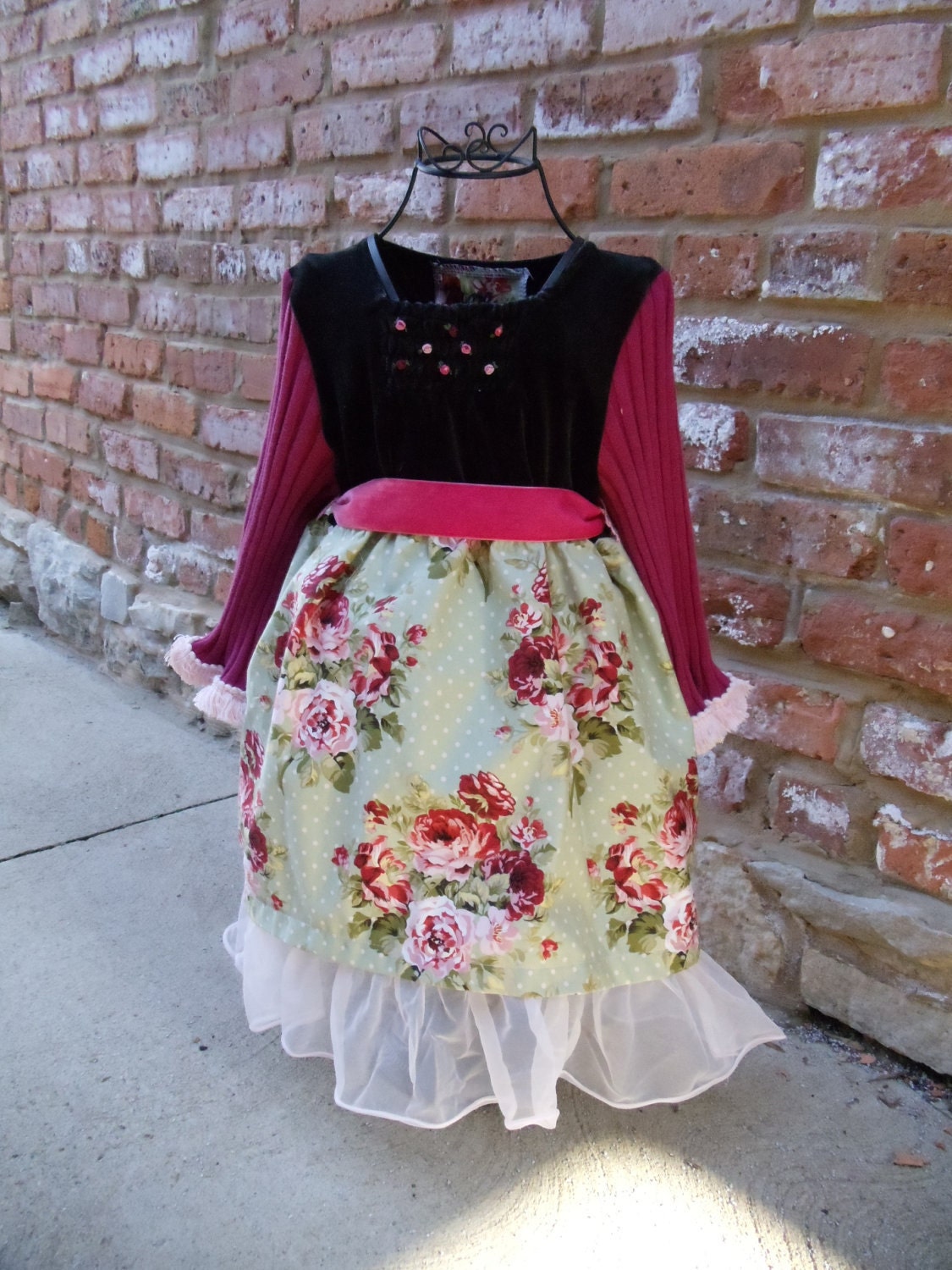 Girls,black velvet,floral cotton,tulle ruffle dress,Upcycled,Eco Friendly, OOAK