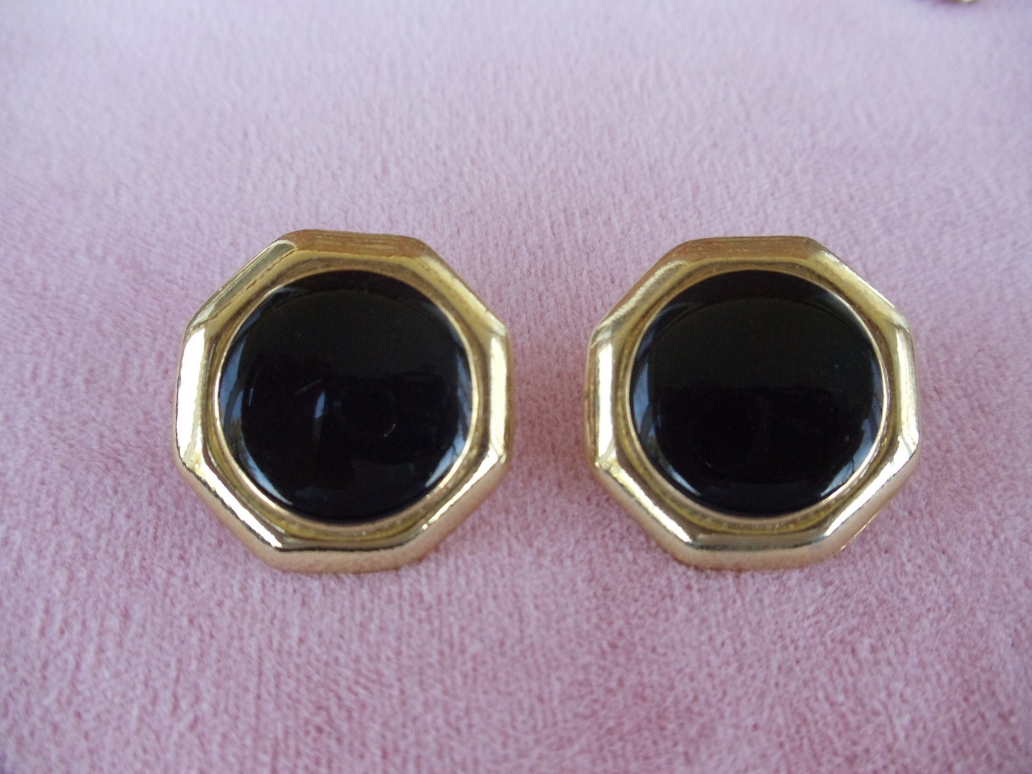 SALE Black Enamel Octagon Earrings with Gold Plate - Costume Jewelry - Retro