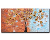 Art painting ORIGINAL Large Abstract Contemporary Gold Flowers Landscape Heavy Textured Impasto Painting Ready to Hang 48x24
