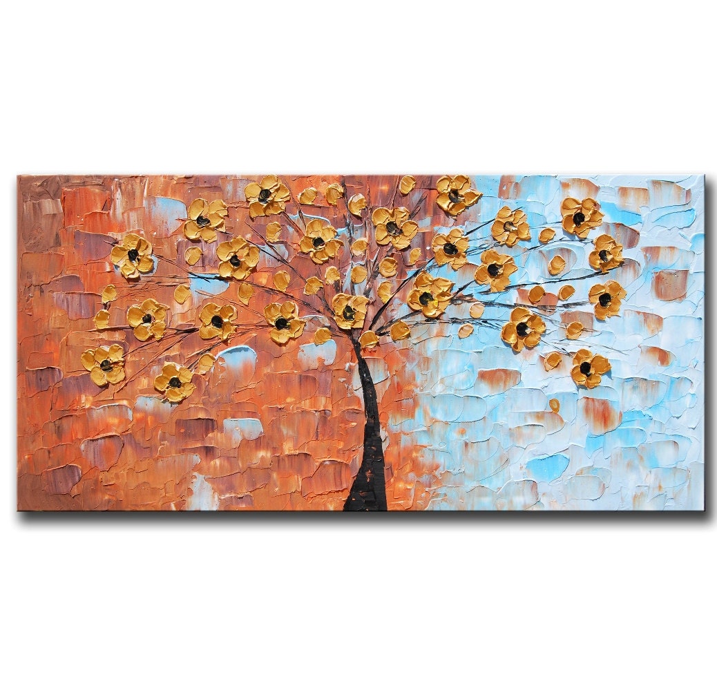 Art painting ORIGINAL Large Abstract Contemporary Gold Flowers Landscape Heavy Textured Impasto Painting Ready to Hang 48x24