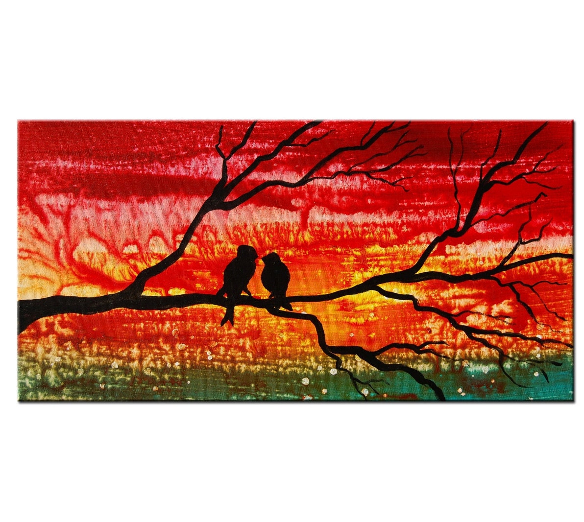 Art Painting Abstract - Red Original Modern Abstract Tree Painting by Helen - Sunset Tree Birds Painting