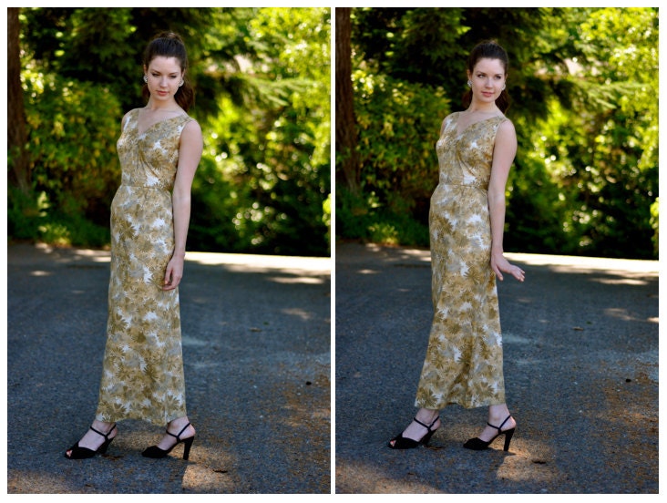 Early 60's Gold Watercolor Cotton Summer Party Dress (Size: Small)