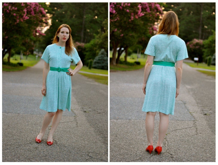 80's White/Turquoise Cotton Dolman Sleeve Dress with Vinyl Belt (Size: Medium)