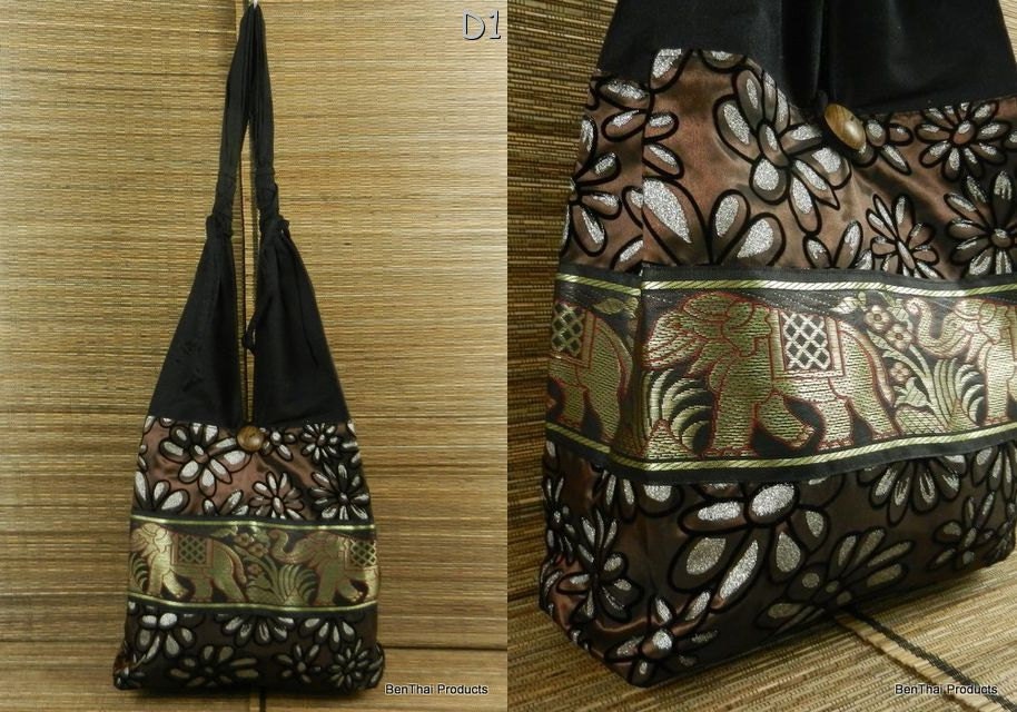 Silk Shoulder Bag Purse Hippie Hobo Floral Elephant Parade in Brown White Green - You Pick Color