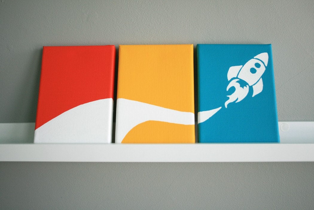Rocket Painting Series of 3 for a baby nursery, kids bedroom or playroom (each panel 5x7")