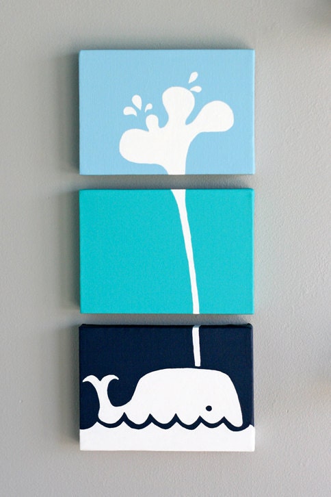 Whale Painting Series of 3 for a baby nursery, kids room or playroom (each panel 5x7"), Made to Order