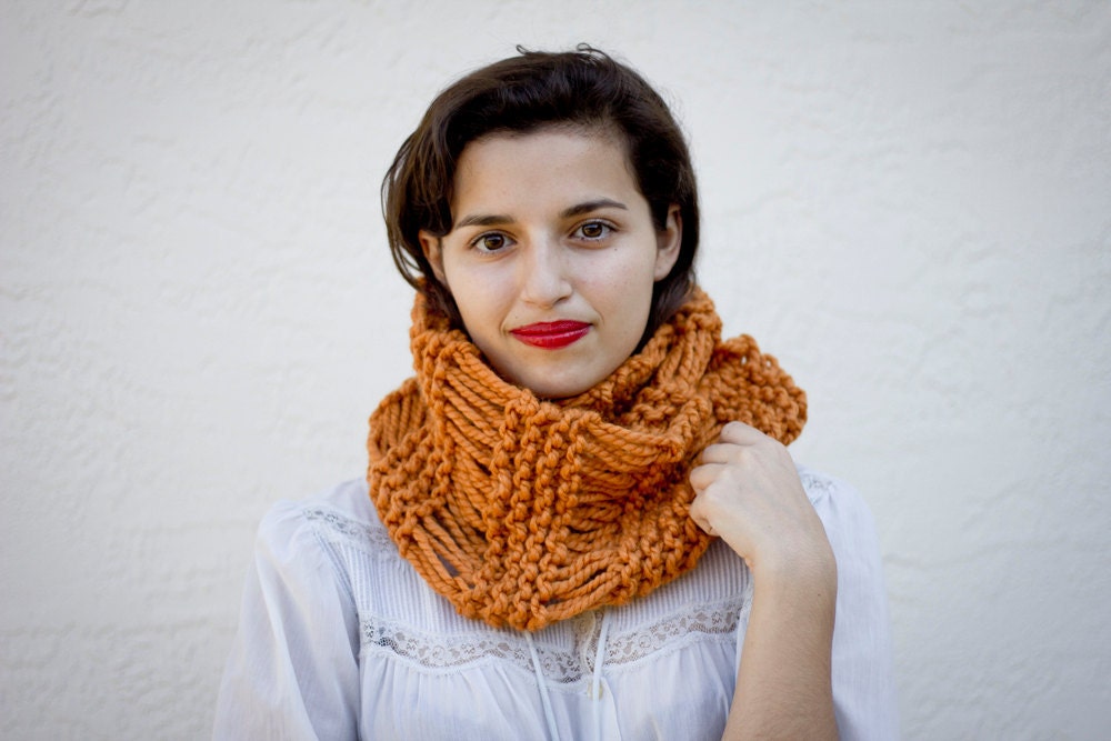 The Drop Stitch Cowl Hand Knit in Apricot Wool Blend - MADE TO ORDER