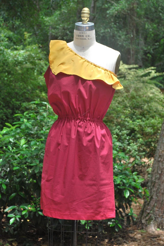 Garnet one shouldered with gold ruffle dress