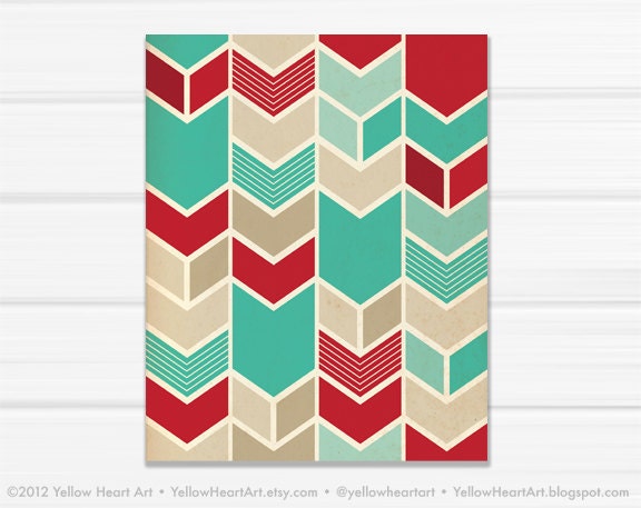 Graphic Fine Art Chevron Geometric Print in Teal and Red / 8x10 / by Yellow Heart Art