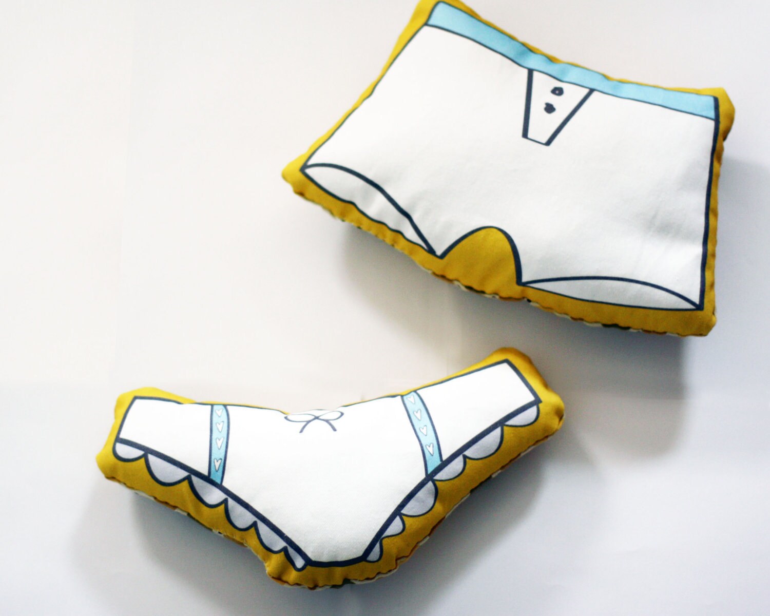 His and Hers Undie Pillows in Mustard Yellow and Robins Egg Blue