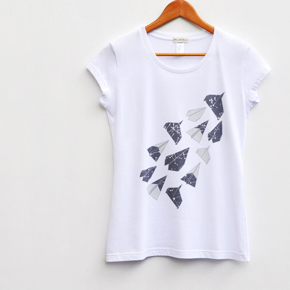 Aerodynamic. Origami, Paper Planes, Constellation Tshirt, Women in White, Organic Cotton Tee