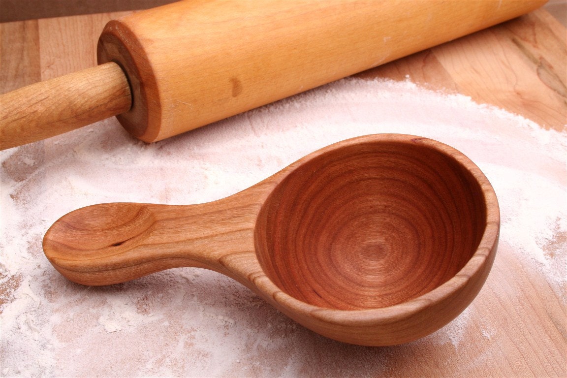 Hand carved wooden half cup measure measuring spoon kitchen utensil