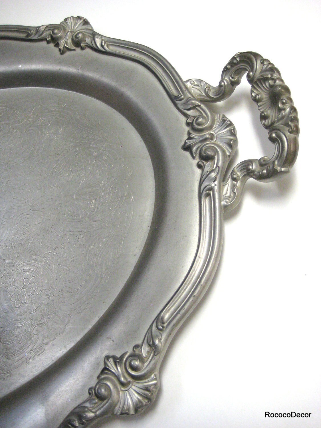 Pewter Tray Platter Vintage serving tray Reed and by RococoDecor