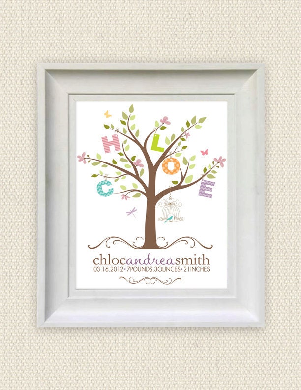 personalized birth announcement print . nursery art print - my little tree