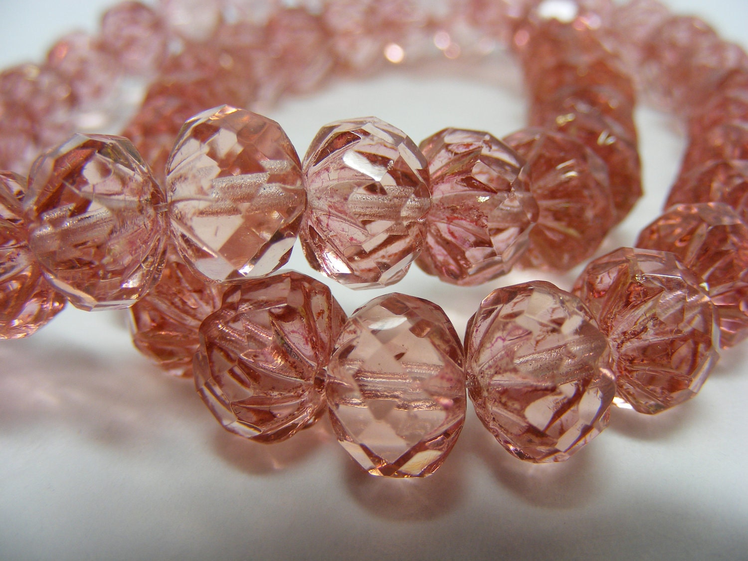 BLUSH . Czech Pressed Fluted Cruller Glass Beads . 9mm X 6mm .10 each