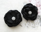 Bridal Hair Pins - Black Satin Flower with Rhinestone Centers for Bridesmaid, Flower Girl, and Event