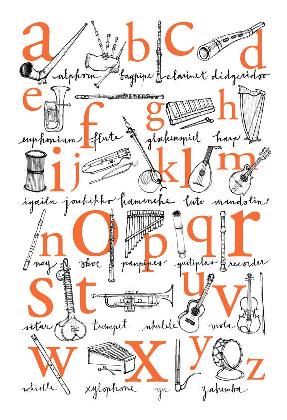 Alphabet Poster: A to Z of Musical Instruments - 13x19, 12x18 Illustrated Print in four colors