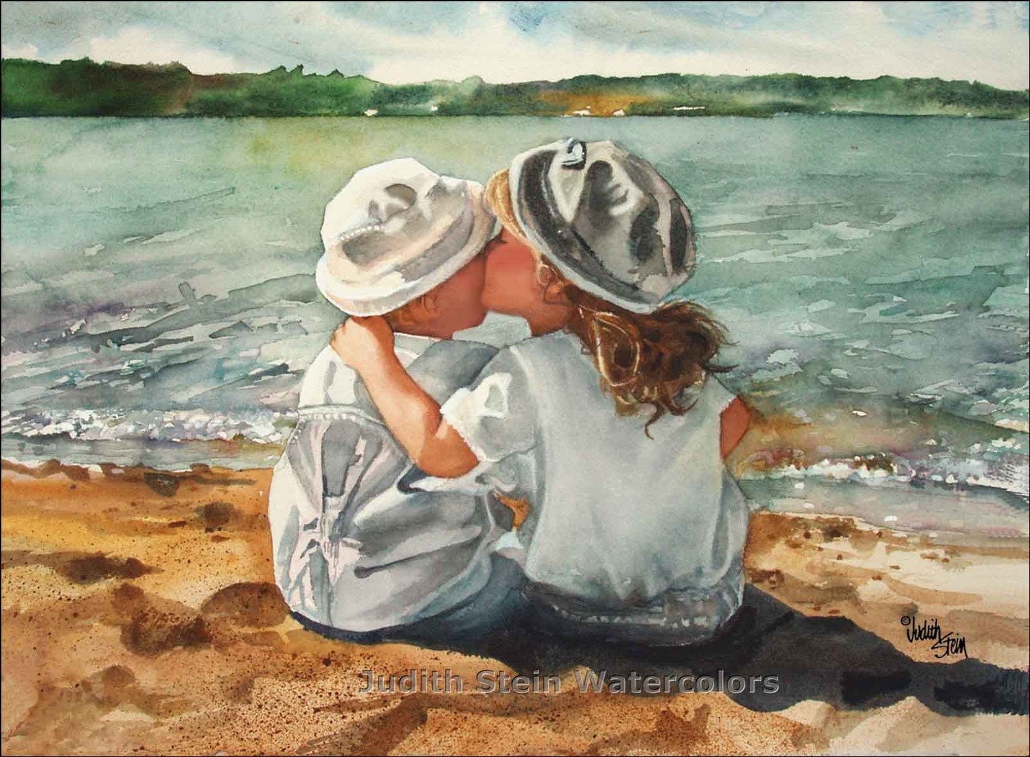 BEACH KISSES Children at Play 15x11 Giclee Watercolor Art Print - steinwatercolors