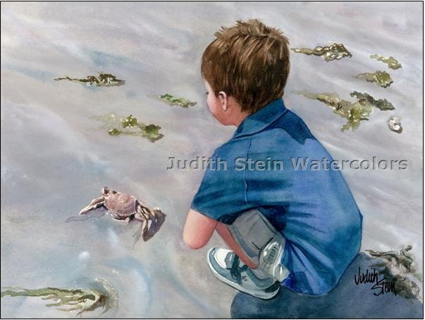BEACH BOY Hunts Seashore Crab  15x11 Watercolor Art Print