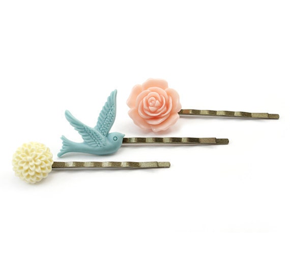 Spring Bobby Pins Set - Peach Blue and Ivory - Liliana