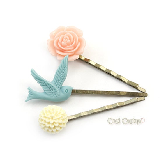 Spring Bobby Pins Set - Peach Blue and Ivory - Liliana