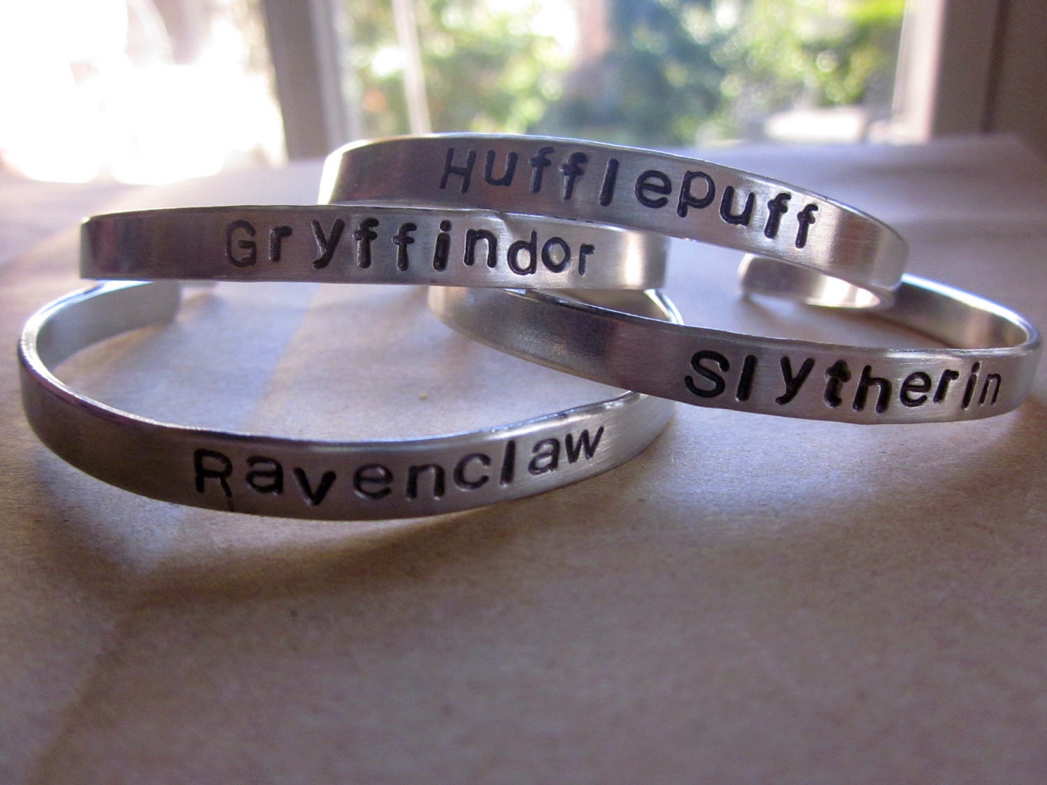 Wizard Hand Stamped Bracelets- ((Pick Your Own House)) Gryffindor, Hufflepuff, Ravenclaw, Slytherin