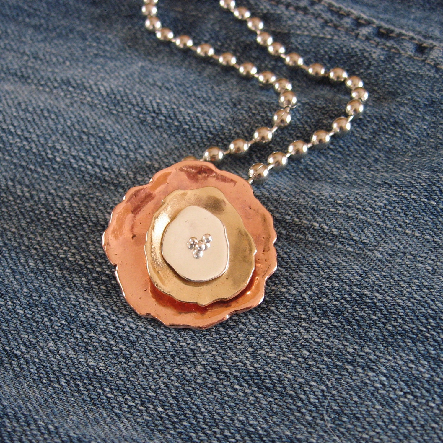 Mixed Metal Necklace Silver Copper Bronze Handmade Pendant Shabby Chic Poppy Mom Daughter Sister Fashion Summer Fall Spring