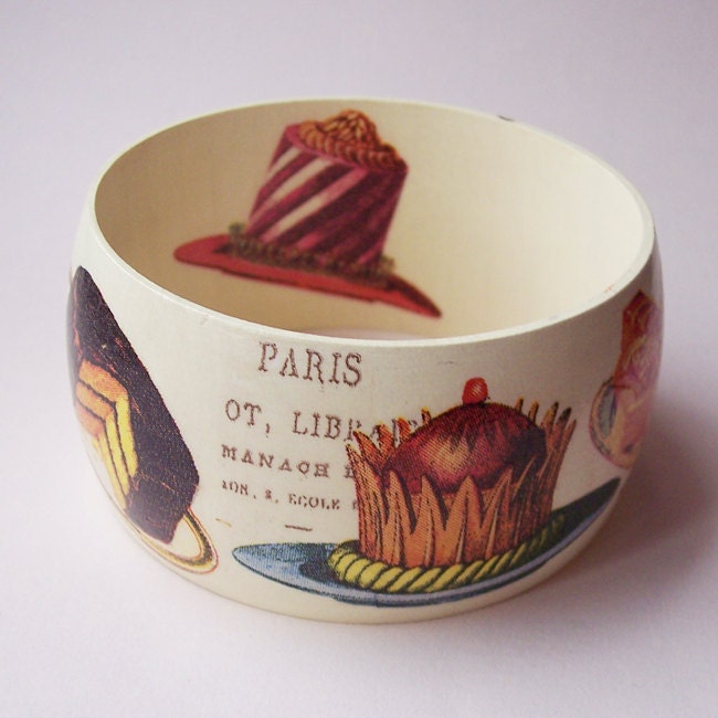 Wooden decoupaged bracelet with french motive - paris, white, cream, ivory, rustic, cake, cakes, chocolate, candy,