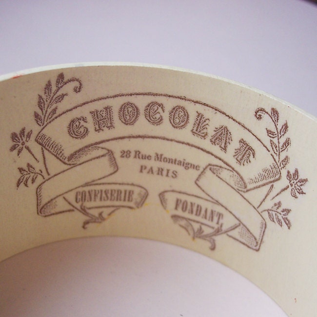 Wooden decoupaged bracelet with french motive - paris, white, cream, ivory, rustic, cake, cakes, chocolate, candy,