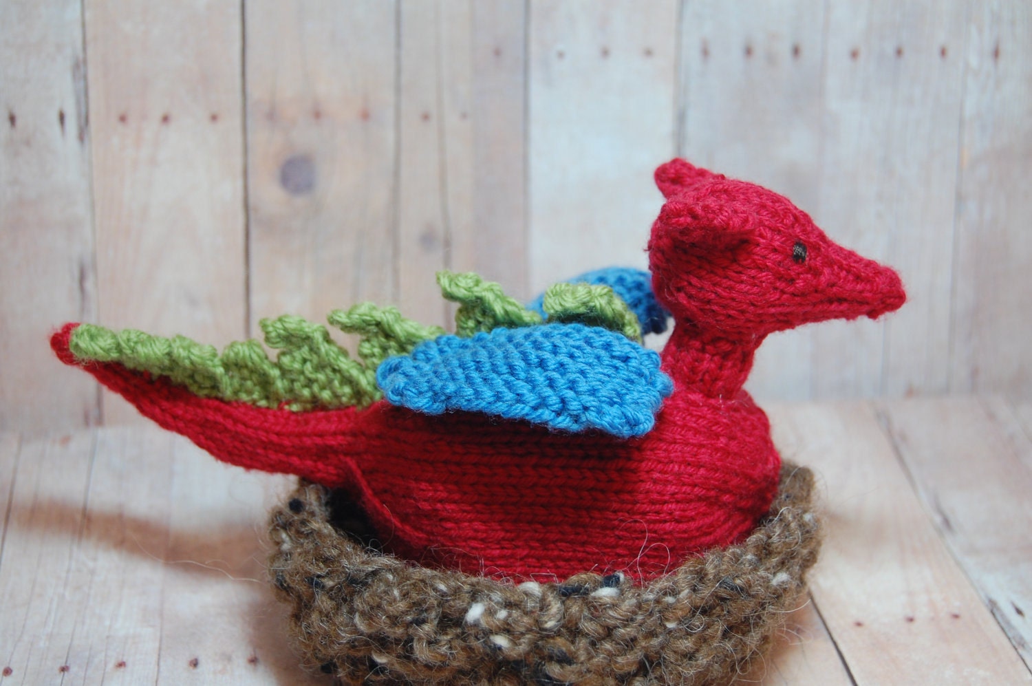 Knit Dragon Waldorf Toy - Red Dragon Hatchling in Nest - Dragon to Egg Toy - Easter Toy Basket Nature Table