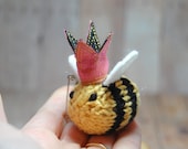Queen Bee Brooch- Bumble Bee Lapel Pin - Knit - Queens Jubilee - Spring - Natural Fibers - Yellow - Black - Stripes - Pink - Crown