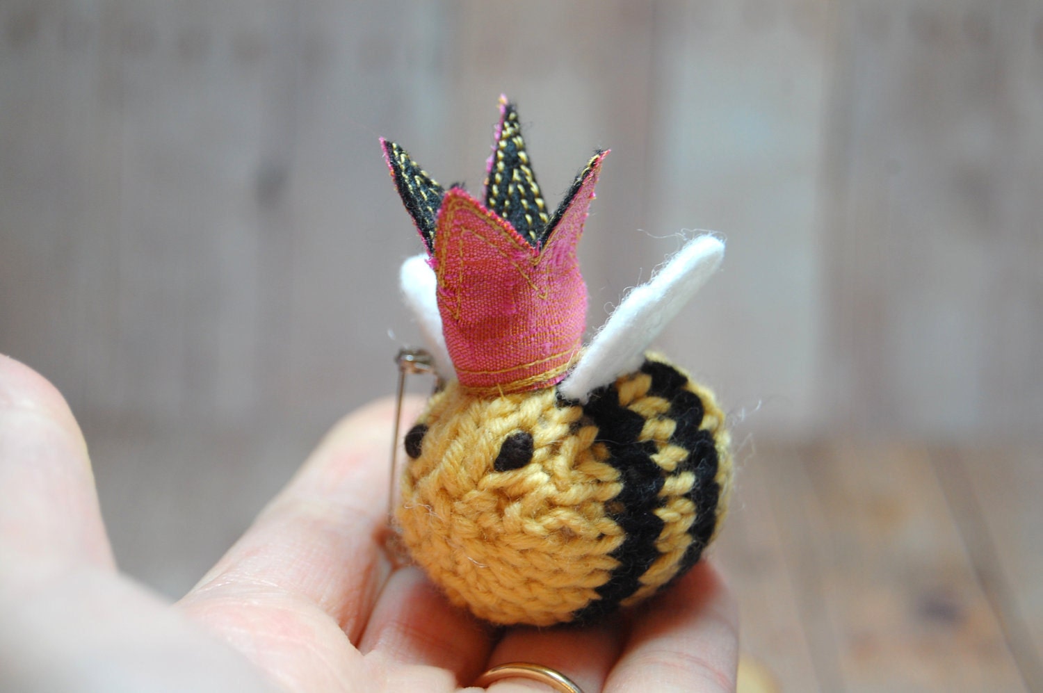 Queen Bee Brooch- Bumble Bee Lapel Pin - Knit - Queens Jubilee - Spring - Natural Fibers - Yellow - Black - Stripes - Pink - Crown