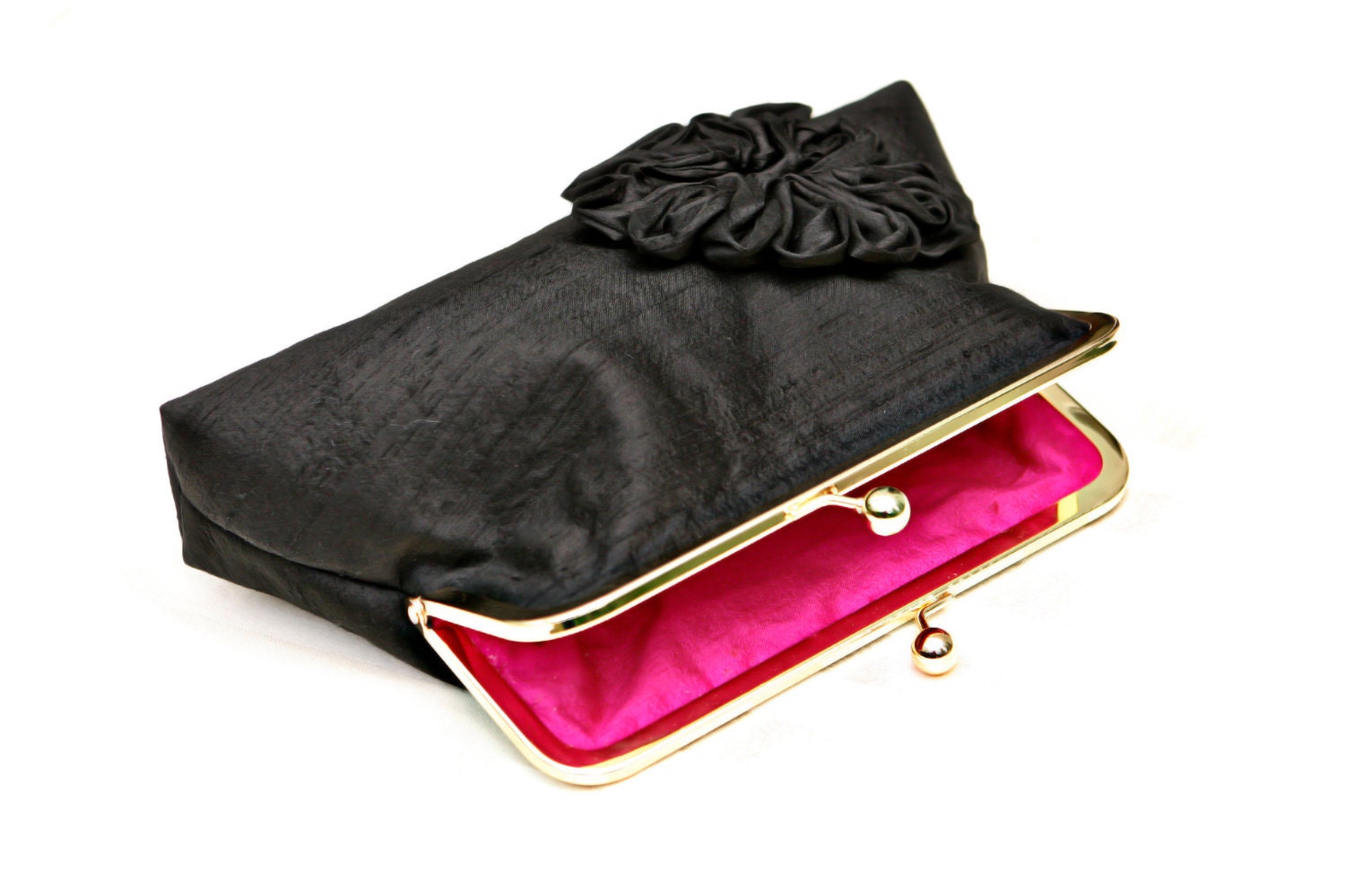 8" Black Silk Clutch with Ruffled Flower - Custom