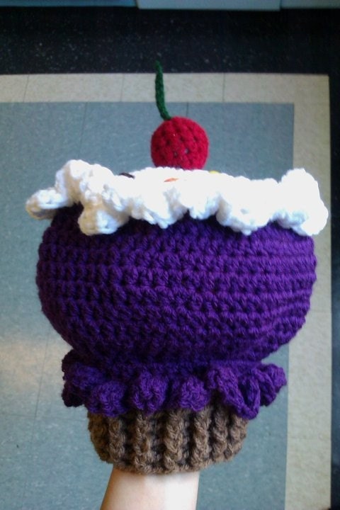 Crocheted Double Frosted Purple cupcake with sprinkles & cherry on top