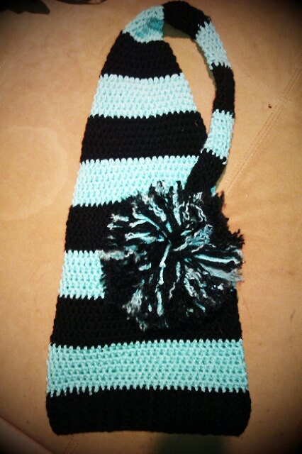 Crocheted Long Striped Elf Cap with Huge Pom Pom & Ribbed Brim