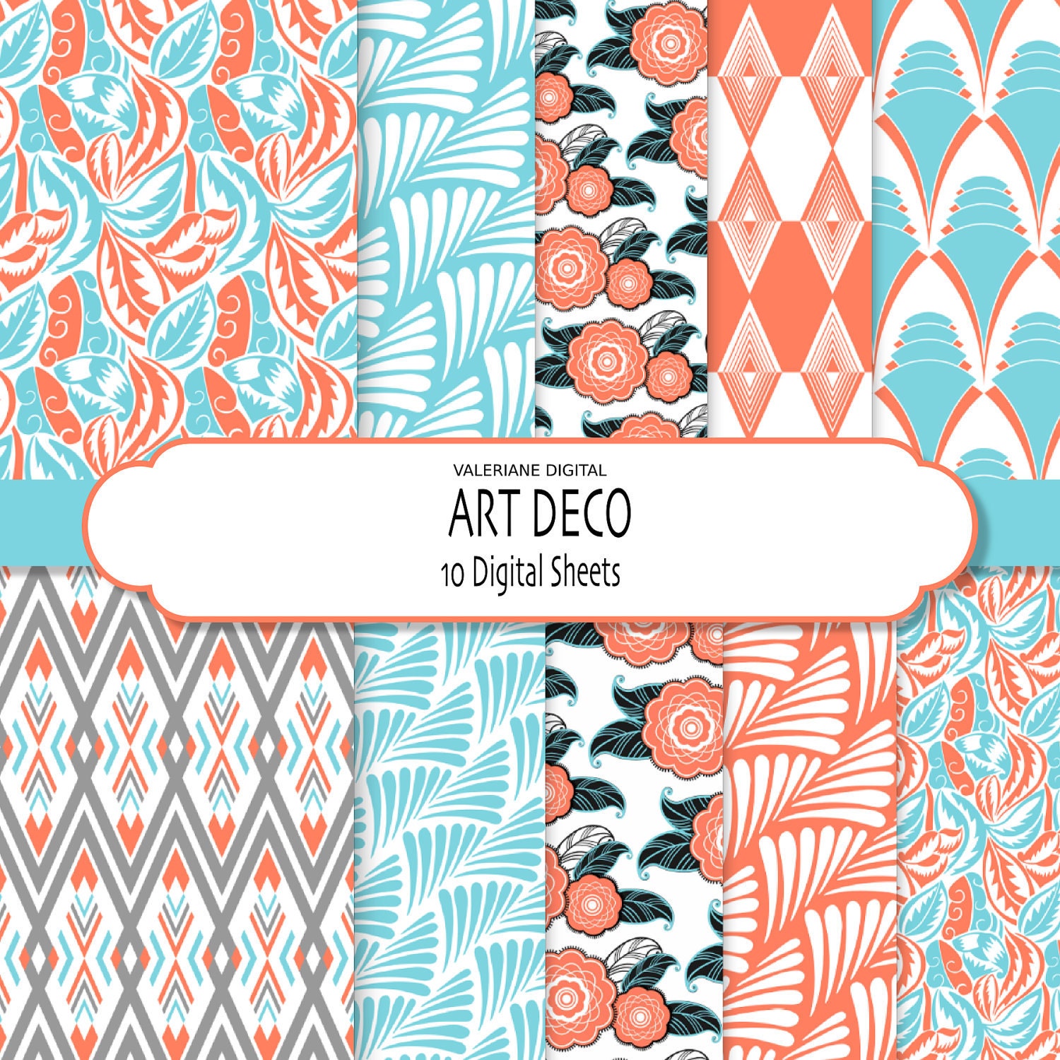 Art Deco in blue  and tangerine Digital paper pack , digital scrapbook paper - 10 jpg files 12x12 - INSTANT DOWNLOAD Pack 096