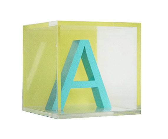 Custom Modern Letter Blocks: Aqua Blue Letter/Lime Green Background