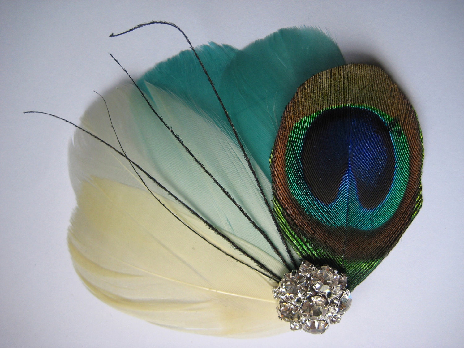 Wedding Bridal Ivory Green Peacock Black Feather Rhinestone Jewel Head Piece Hair Clip Fascinator Accessory