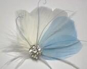 Wedding Bridal White Light Blue Feather Rhinestone Jewel Head Piece Hair Clip Fascinator Accessory Something Blue